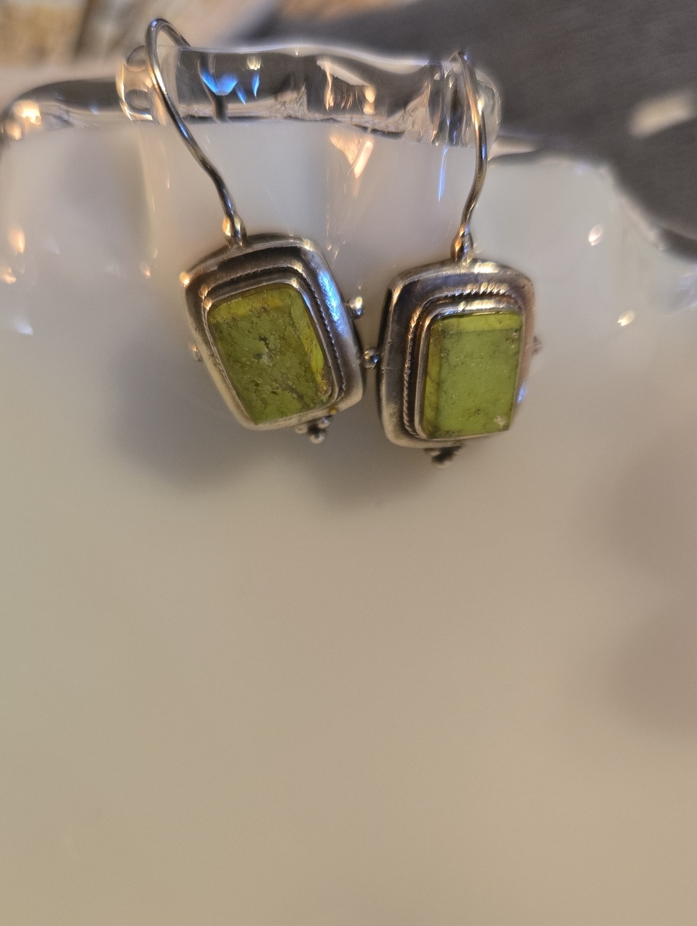 Sterling Silver Rectangular Lime Green Stone Dangle Earrings